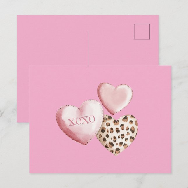 Cartão Postal Corações de Impressão do Leopardo XOXO Rosa (Frente/Verso)