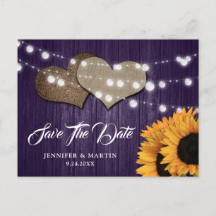Cartão Postal Corações de juta de girassol roxo Luzes Casamento 