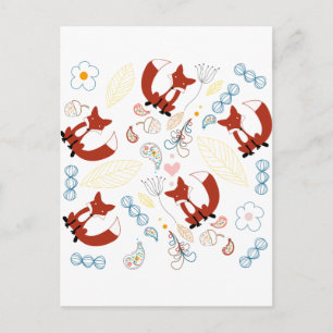 Cartão Postal Corações de Raposa Desenhados à Mão em Amarelo Azu