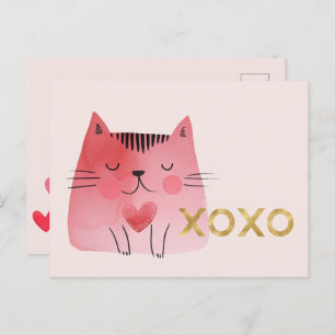 Cartão Postal Corações Dourados XOXO de Gatos Cor Rosa