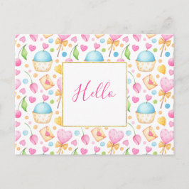 Cartão Postal Corações e Cupcakes Delícia de Aquarela Olá