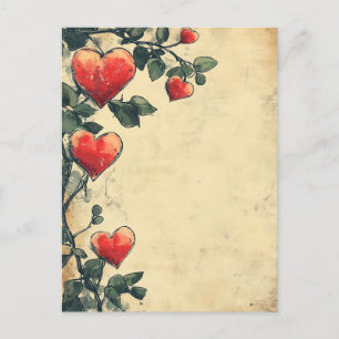 Cartão Postal Corações e Rosas Vintage Love