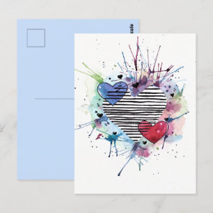 Cartão Postal Corações Fofos E Lavagens Em Aquarela 