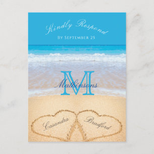 Cartão Postal Corações na praia Casamento Blue RSVP
