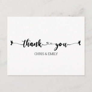 Cartão Postal Corações Simples e Caligrafia de Pássaros Obrigado