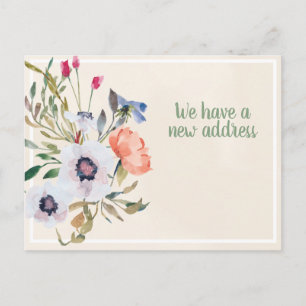Cartão Postal Coral Blue Watercolor Floral Ivory Change Address