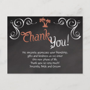 Cartão Postal Coral Chalkboard Script Beach Weding Obrigado