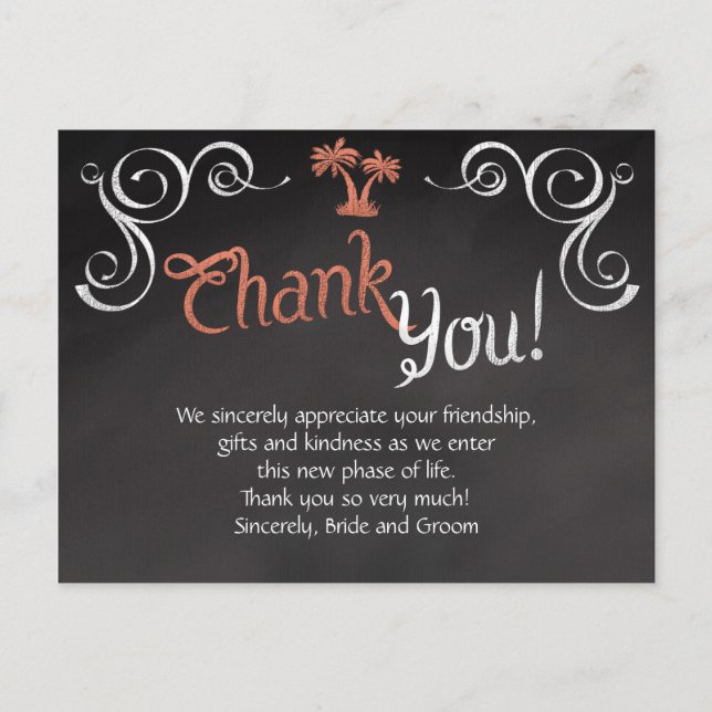 Cartão Postal Coral Chalkboard Script Beach Weding Obrigado (Frente)