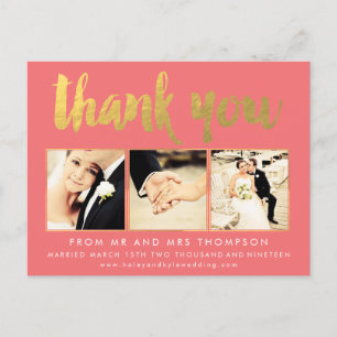 Cartão Postal Coral Gold Foil Obrigado A Escrever Foto Da Tipogr