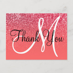 Cartão Postal Coral Red Ombre Glitter Monograma Obrigado