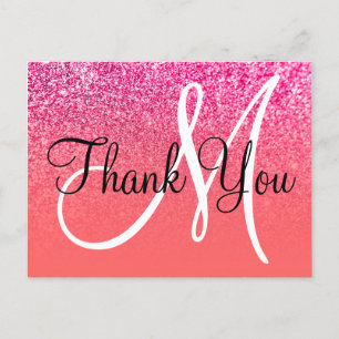 Cartão Postal Coral Rosa Quente Ombre Brilho Monograma Obrigada