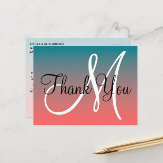 Cartão Postal Coral Teal Ombre Monograma Obrigado