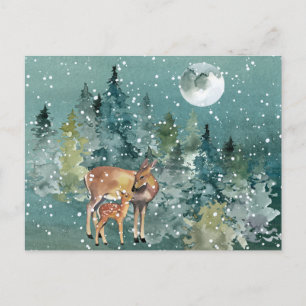 Cartão Postal Corça e Cervo no Bosque Neve Lua Cheia