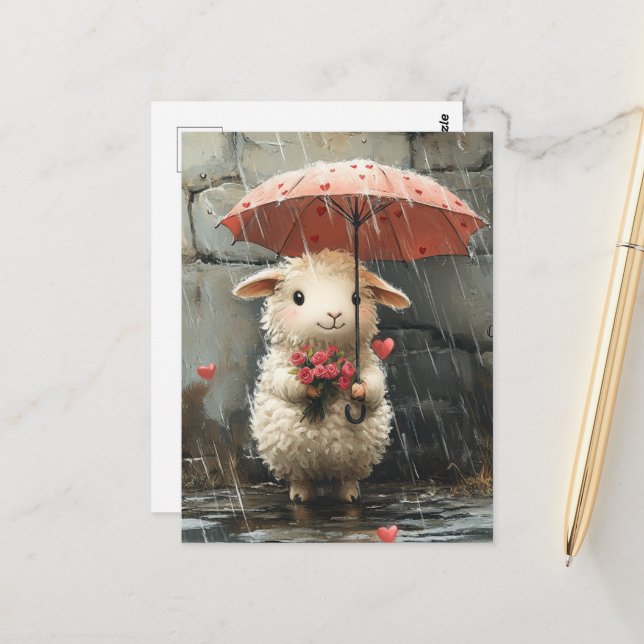 Cartão Postal Cordeiro com Corações, Rosas e Guarda-chuva (Frente/Verso In Situ)