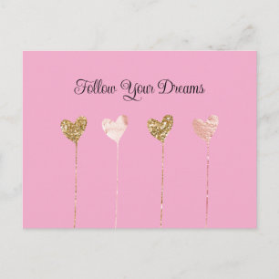 Cartão Postal Cordões de Corações Rosa Glam Dourado Brilho Pêsse