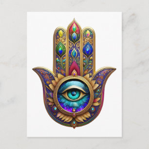 Cartão Postal Cores de Pavão Dourado Hamsa Verde Safira Terceiro