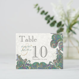 Cartão Postal Cores de Pavão Flor de Lis Número de Mesa de Casam