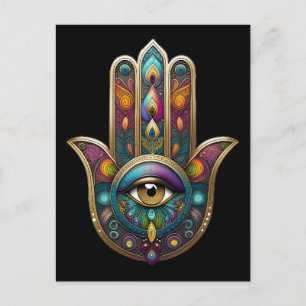 Cartão Postal Cores de Pavão Hamsa com Terceiro Olho Dourado