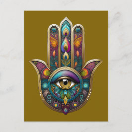 Cartão Postal Cores de Pavão Hamsa com Terceiro Olho Dourado