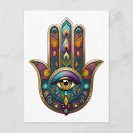 Cartão Postal Cores de Pavão Hamsa com Terceiro Olho Dourado
