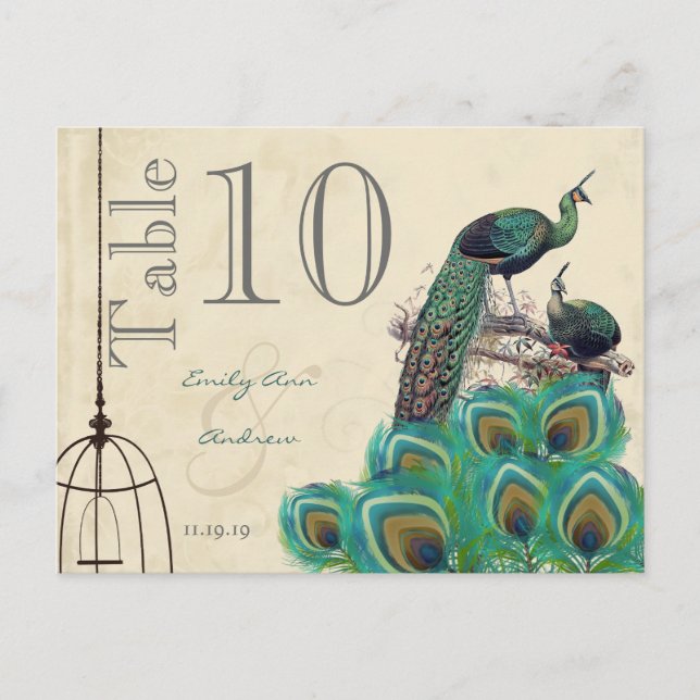 Cartão Postal Cores de Pavão Paisley Número da Mesa de Casamento (Frente)