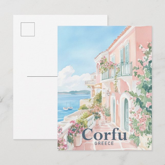 Cartão Postal Córfu Grécia Pintura Aquarela Viagem (Frente/Verso)
