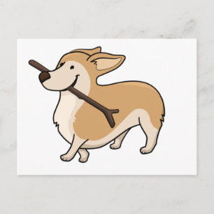 Cartão Postal corgi cartoon w stick