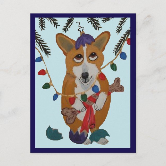 Cartão Postal Corgi com Enfeites de Natal Quebrados (Frente)