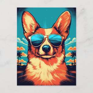 Cartão Postal Corgi com óculos de sol em uma praia tropical