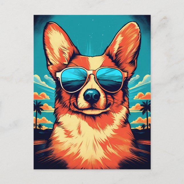 Cartão Postal Corgi com óculos de sol em uma praia tropical (Frente)