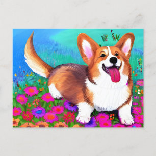 Cartão Postal Corgi e flores