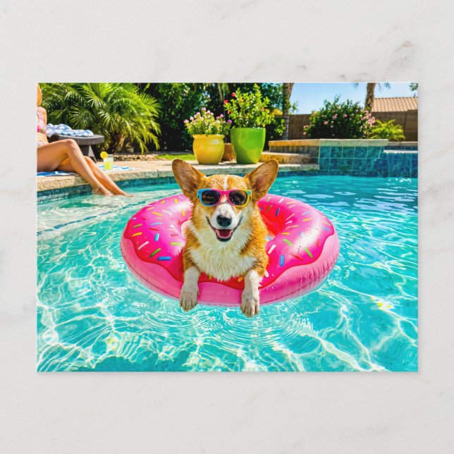 Cartão Postal Corgi em boia de donut (Frente)