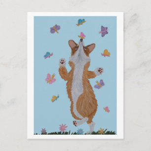 Cartão Postal Corgi galês dançante com borboletas