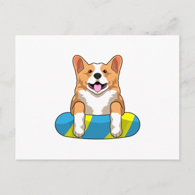 Cartão Postal Corgi Galês na Piscina com prancha de natação (Frente)