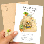Cartão Postal Corgi New House Moving Announcement<br><div class="desc">Share your exciting news with this adorable Corgi moving announcement card featuring a happy corgi puppy peeking out from a stack of moving boxes holding a “We’ve Moved” sign. The sweet watercolor illustration and cozy moving details make it perfect for dog lovers announcing their new home. Personalize with your family...</div>