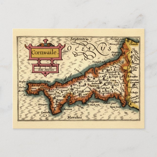 Cartão Postal Cornwall, Cornwaile County England Mapa Antiquário (Frente)