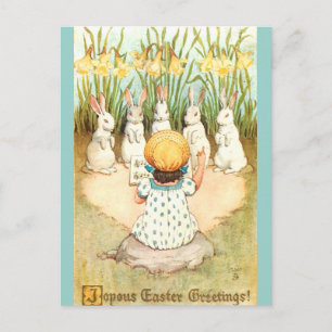 Cartão Postal Coro de Coelho de Páscoa Vintage e Narcisos