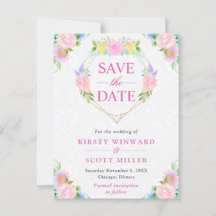 Cartão Postal Coroa de casamento de verão em aquarela rosa e ama