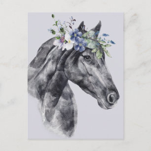 Cartão Postal Coroa de Flores de Aquarela Retrato de Cavalo Pret