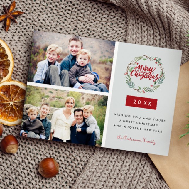 Cartão Postal Coroa de Natal Clássica com Duas Fotos Personaliza (Christmas Postcard with 2 landscape photo, custom message on the front, red and neautral colors,)