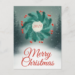Cartão Postal Coroa de Natal com Bagas Vermelhas e Floresta