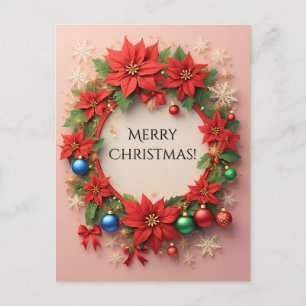Cartão Postal Coroa de Natal 🎄✨ Poinsettia Bolas de Natal Brilh
