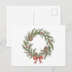 Cartão Postal Coroa de Natal Rústica com Pinhas e Laço Vermelho