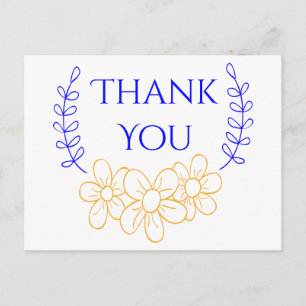 Cartão Postal Coroa Floral Azul Agradecimento Flores Douradas