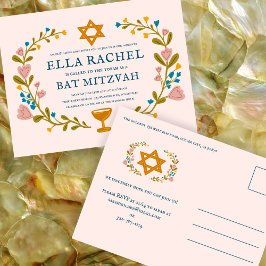 Cartão Postal Coroa Floral Bat Mitzvah Desenhada à Mão Personali