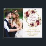 Cartão Postal Coroa Floral Borgonha Salvar Data Foto<br><div class="desc">Coroa Floral Aquarela Borgonha Marsala Dourado Salvar Data Foto Anúncio de Noivado Cartão Postal</div>