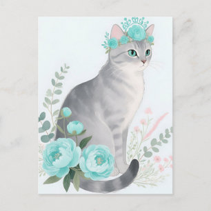 Cartão Postal Coroa Floral Gato Cinza