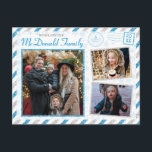 Cartão Postal Correio Aéreo com Glitter Fotografias da Família d<br><div class="desc">Um design de cartão postal de correio aéreo com estilo vintage brilhante com faixas azuis e prateadas para esta temporada de férias. Adicione suas fotos da família especial à frente e atrás deste cartão postal. Um espaço grande para uma mensagem personalizada no verso, juntamente com espaço para escrever os detalhes...</div>
