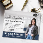 Cartão Postal Correio do Logotipo do Marketing Realtor Real Esta<br><div class="desc">Aumente seus esforços de marketing imobiliário com este elegante cartão postal azul de marinho, projetado para atrair atenção e criar credibilidade em sua vizinhança. O sofisticado pano de fundo azul do marinho emparelhado com recursos personalizáveis, como carregar seu logotipo e sua foto, garante que sua mensagem seja pessoal e profissional....</div>