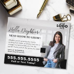 Cartão Postal Correio do Logotipo do Marketing Realtor Real Esta<br><div class="desc">Saia do seu mercado local com este cartão-postal preto para a agricultura imobiliária, perfeito para mostrar sua expertise e conectar-se a potenciais vendedores domésticos. O design preto de eterno apresenta profissionalismo e sofisticação, enquanto recursos personalizáveis como o upload do seu logotipo e a foto adicionam um toque pessoal e elegante....</div>